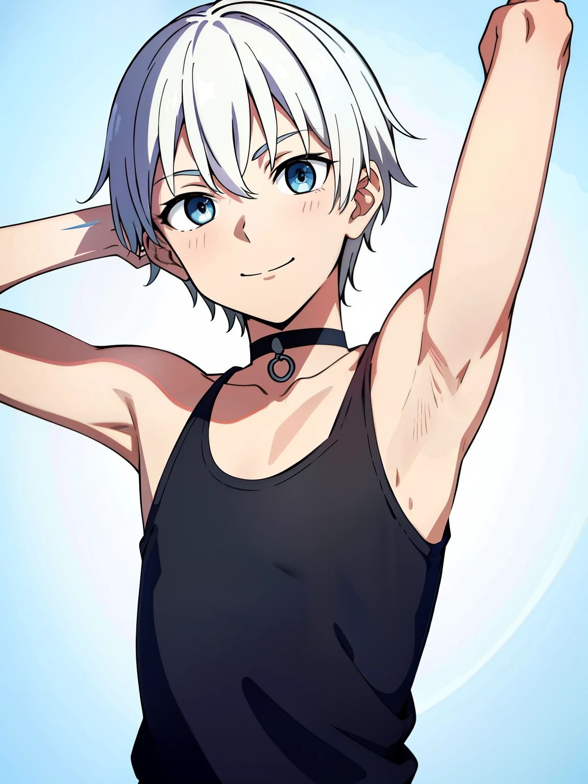 Highres, Masterpiece, Best quality at best,Best Quality,hight quality, hight detailed, 1boy, Shota, Solo, Cute boy, White hair, Blue eye, Torso, Tank top, Smile, Choker, Seen from the front, (Very young boy), (Very small and short body), 12-year-old boys, (Showing armpit:1.3), Simple beckground