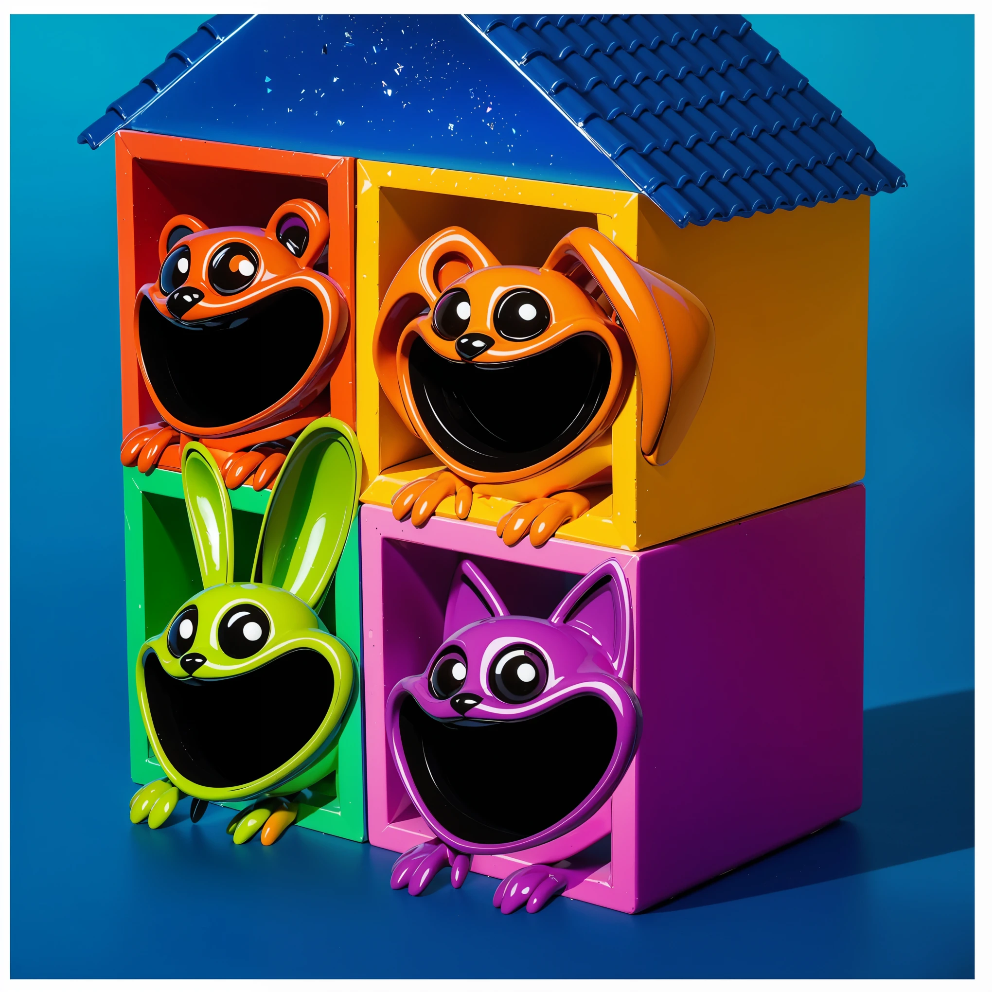Create an image featuring four cartoonish characters with large black eyes and wide smiles. The characters should include a red bear with red hands and feet, an orange dog with orange hands and feet, a green rabbit with green hands and feet, and a purple cat with purple hands and feet. These characters should be placed inside a colorful, toy-like house structure, each in its own compartment, against a bright blue background. cartoon key frame rendering, cute 3D rendering, Shiny metallic,Create ultra sharp  цветной рендеринг zbrush. perfect cgi, cgi art created only with gradients, smooth silhouette, Create ultra sharp skin, high intensity refraction, (plastic material), most beautiful vfx, blue background, plastic refractions, glossy texture, smooth 3d model, multiple light sources, rim light, sharp post effects render, (glossy plastic texture with multiple big light probe refractions), perfect cgi, cgi art created only with gradients, smooth silhouette, high intensity refraction, (plastic material), most beautiful vfx, blue background, plastic refractions Create ultra sharp