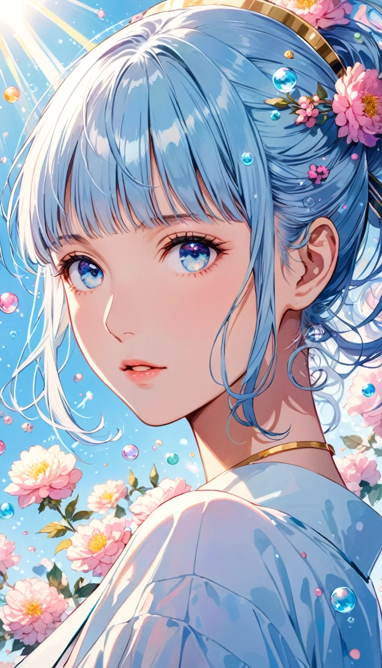 (masterpiece), (best quality), (Super detailed),(disheveled hair),(illustration), (1 Girl), (Fashion), permanent, fashion model, looking at the audience, (interview), (Simple background),Beautiful and delicate eyes, Delicate and beautiful face, floating,(High saturation),(Colorful splash),Colored bubbles,(shining), focus on face,  Ponytail, Kamisato Ayaka, light blue hair, Bangs, hair ring, Floating flowers, Floating hair, (shining), Optimal lighting, The best shadow,