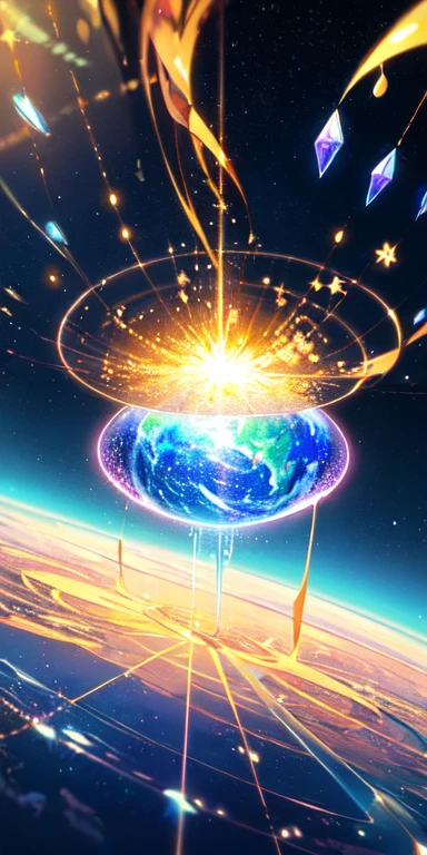 Dreamy scene, universe, music, music everywhere, colors, masterpiece, with a white crystal bridge, musical notes, musical notes flying around, beautiful shimmering colors, Earth Symphony earth, colorful and sparkling musical notes, shimmering, magical