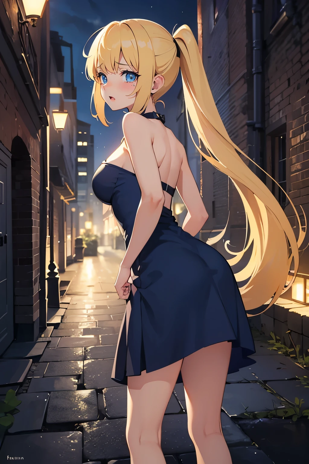 Safe for work, masterpiece, best quality, solo, 1 girl, facing forward, looking at camera, (young female body:1.4), ( ??????????????), slender legs, golden yellow hair, extra long hair, blunt bangs, crystal blue eyes, very detailed eyes, brick wall, night time, its night outside, ponytail, dark alleyway, dark blue dress, form fitting dress,  flustered expression, arched back, arching her back, extra short dress, very short blue dress, sleeveless dress, leaning forwards, arched back, strapless dress, backless dress, exposed back, leaning forward,  arching her back, dress cover her ????, suprised