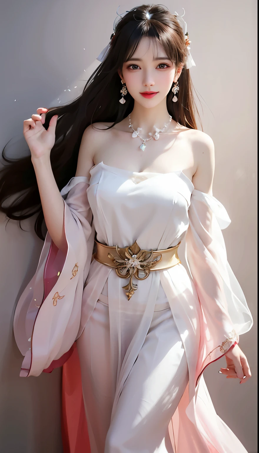 Close-up of a woman in white posing for a photo., white hanfu, Beautiful Fantasy Empress, Long white coat，gold accents, anime goddess, ((Beautiful Fantasy Empress)), Cloak of flowing magic texture, Flowing magic cloak, Elegant and charming cosplay, Fantasy set, beautiful goddess, anime girl cosplay, flowing white coat, goddess Athena, anime cosplay