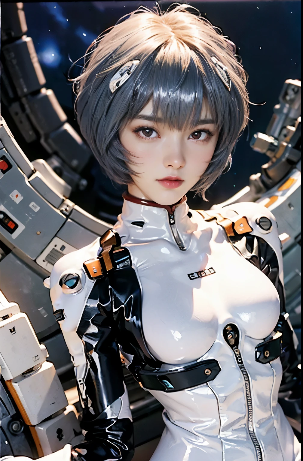 masterpiece,National Foundation,((whole body:1.1))))), (Practical),photo, best quality, 1 female,(High)),ear folds,(((Ayanami Rei, Plug set 00)))), ((((Red Eyes,Beautiful Face, beautiful eyes))), (Cute Face)), Wet eyes, Face,Detail Face, Detailed lips, Detail eyes, (Long eyelashes), Double eyelids, (Charming smile), ( (Gentle eyes, Fleeting expression)),(rubber suit with a strong meHighic luster and smooth surface), (((((Sexy tight meHighic shiny rubber suit)))), (thick black lines)))), From the bottom, (upright), (camel), (Smooth body lines)), Light-colored short hair, (((Light and thin eyebrows)), beautiful hair, (Big round breasts), The small logo pattern on the chest is zero, Mecha suit, slender waist, White skin, (Turning Pose), ((Night Sky, spaceship)), (Details of the face and eyes: 1.1), , blush, (Shy)), Very delicate and beautiful girl, The small logo pattern on the chest is zero, permanent, (((Closed legs)), (to8 contrast style), There are small egg-shaped psycho-sensing devices on both sides of the head