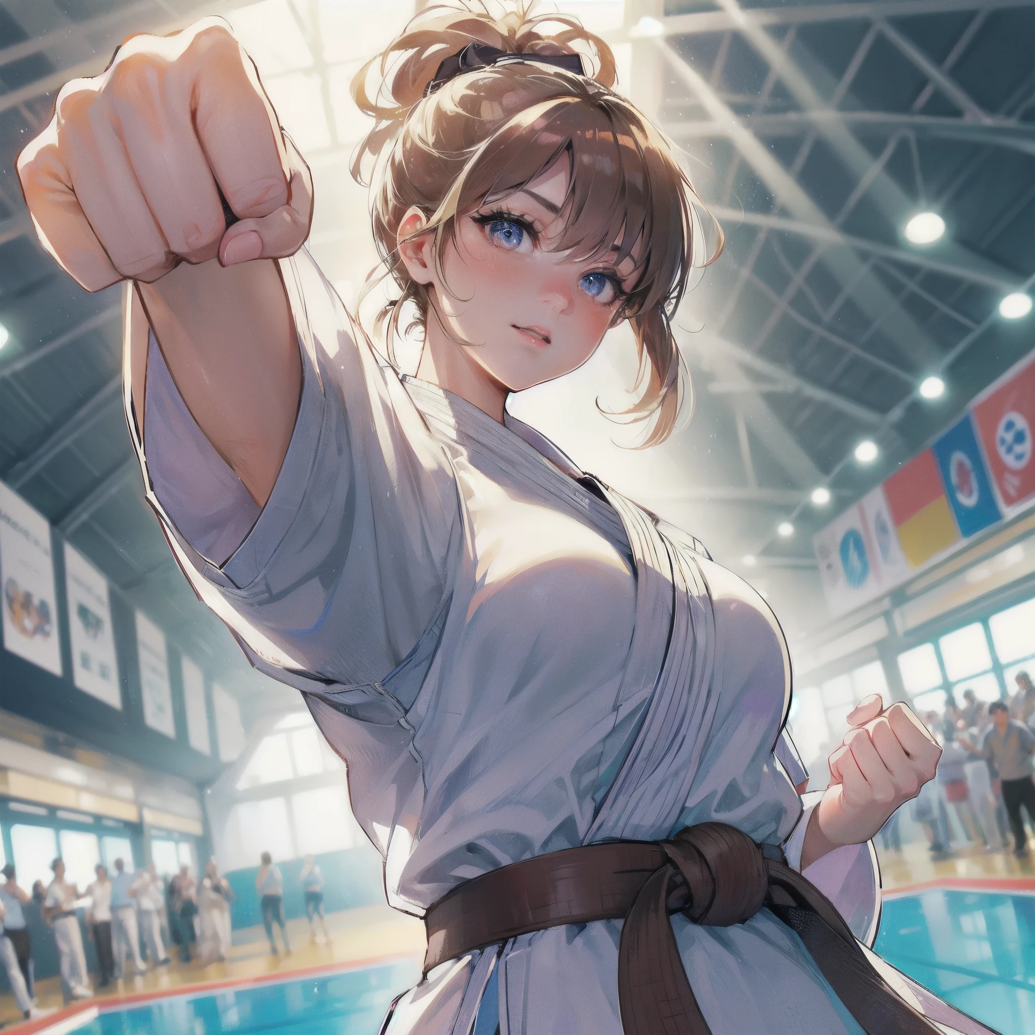 high quality,HD,16k,sharp lines,1 girl,Female karate athlete ,cute face, large breasts, nice legs,At the karate venue,focus girl,detailed beautiful face,detailed clothes,beautiful eyes,cool,dynamic angle