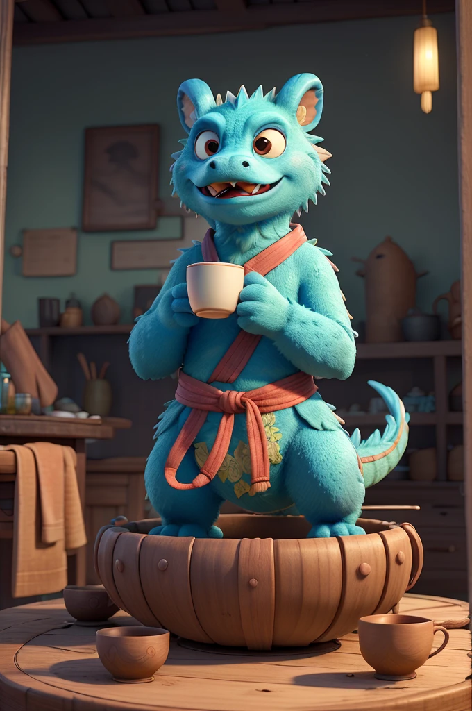 ((best quality)), ((masterpiece)), (detailed), 3D,IP image,Q version,Chinese dragon,Hand holding a cup of herbal tea,Four views,Wearing Hanfu,Background Chang'an City