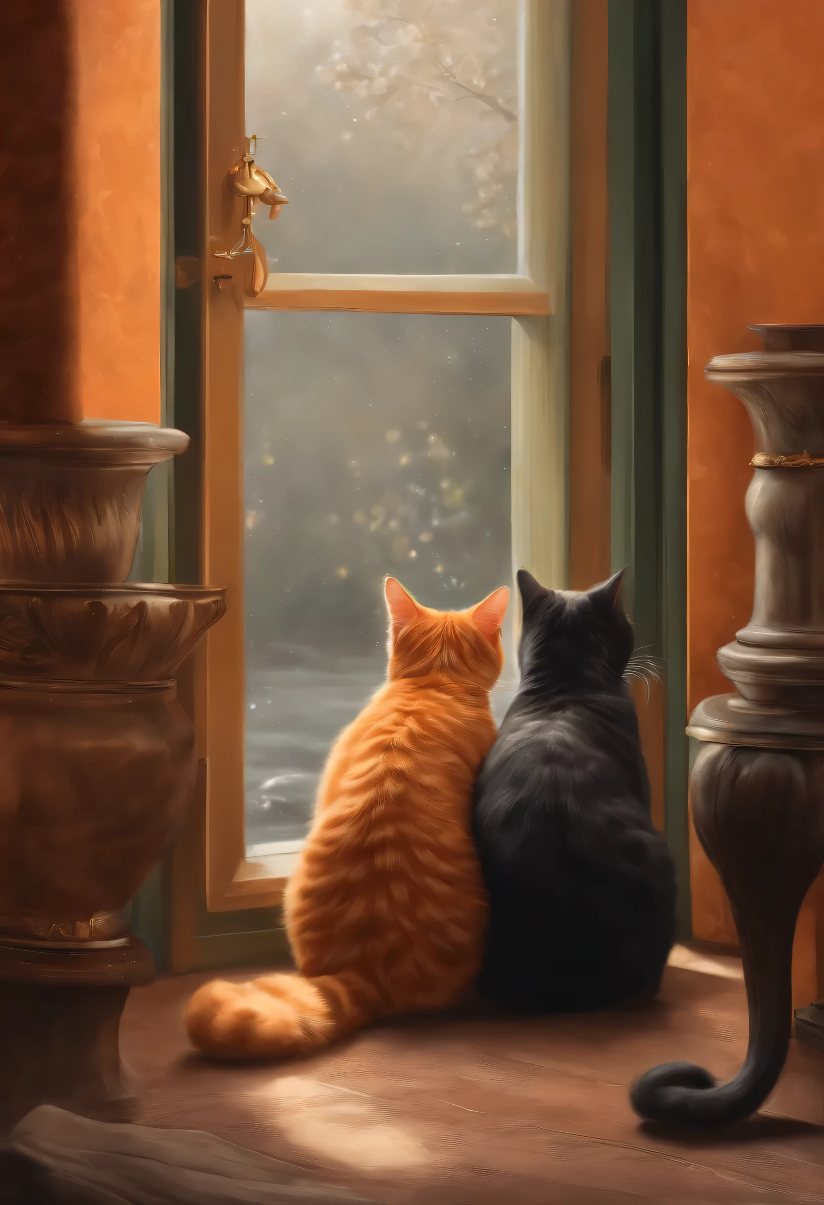 masterpiece，best quality，8k，Orange cat，((Lovely))，illustration，real，(((Two cats)))