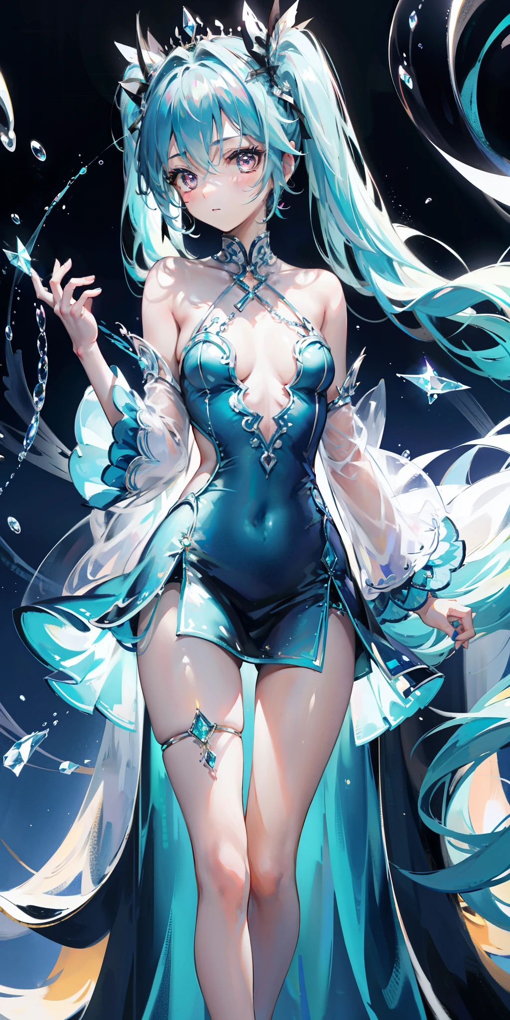 blue theme, Hatsune Miku portrait，masterpiece, magic , (Impossible Dress:1.5), mini skirt, Gradient background, Silver-blue hair, , Bangs,Side Chain, pink eyes, (ulzang-6500-v1.1:0.9), 中等Chest, Chest, Thigh gap, Hair accessories, arching back, Black_witch_have,complicated_decorate,mystery_fountain,luminescent_crystal