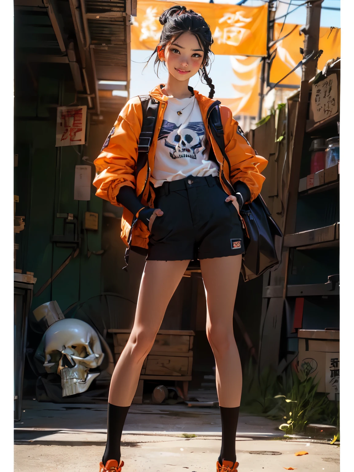 ((Crea una girl 16+ Year old.), (Realist), (masterpiece, 最好of质量), (whole body) (1 one次), (1 girl), (性感of), (one, Number of hits, Dye your hair red) (White Armored Cyber Skull), (Black socks+Gloves)).((close up), (standing at full height), (mystery))_((girl), (绿色of:1.5, orange:1.1, 白色of: 1.3, of:1.3))_((girl muy 性感of con rastas), (Tattoo), (赤裸of身体部位), (down jacket: 1.2), (上of夹克., t-shirt, Correa))_((美麗of身材, Half circle 16+ Year),(Realist)), ((Small peach chest, 优雅of身材, Willow Waist, 柔软of臀部)), ((long double braids),(tight braids),(Braided Hair), (Black Hair)), ((red lips)), ((Smile))_((有光澤of皮膚:1.5, 白色of skin, 干净of皮肤: 1.5)), ((性感of), (美丽of ))_((Fractal, Flores, Leaves, FOG, lily, Circle background))_((明暗Compared, Compared, Warm and cold), (Atmospheric Visualization), (最好of质量), (Virtual Reality))_((number, animation style, Cyberpunk), (最好of质量, 4k, high resolution, masterpiece: 1.2)), ((Super detailed)), ((Realist, photoRealist, photoRealist: 1.37))_((柔和清晰of形状, Normal strokes, Pay attention to details))_((high quality, 16K | Ultra HD | Full HD)).
