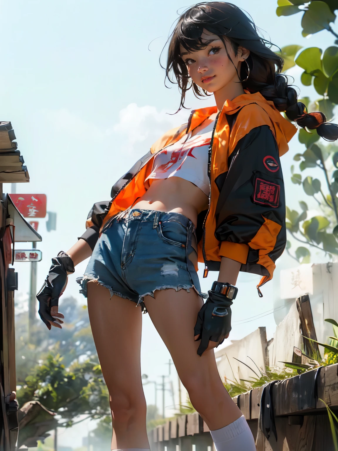((Crea una girl 16+ Year old.), (Realist), (masterpiece, 最好of质量), (whole body) (1 one次), (1 girl), (性感of), (one, Number of hits, Dye your hair red) (White Armored Cyber Skull), (Black socks+Gloves)).((close up), (standing at full height), (mystery))_((girl), (绿色of:1.5, orange:1.1, 白色of: 1.3, of:1.3))_((girl muy 性感of con rastas), (Tattoo), (赤裸of身体部位), (down jacket: 1.2), (上of夹克., t-shirt, Correa))_((美麗of身材, Half circle 16+ Year),(Realist)), ((Small peach chest, 优雅of身材, Willow Waist, 柔软of臀部)), ((long double braids),(tight braids),(Braided Hair), (Black Hair)), ((red lips)), ((Smile))_((有光澤of皮膚:1.5, 白色of skin, 干净of皮肤: 1.5)), ((性感of), (美丽of ))_((Fractal, Flores, Leaves, FOG, lily, Circle background))_((明暗Compared, Compared, Warm and cold), (Atmospheric Visualization), (最好of质量), (Virtual Reality))_((number, animation style, Cyberpunk), (最好of质量, 4k, high resolution, masterpiece: 1.2)), ((Super detailed)), ((Realist, photoRealist, photoRealist: 1.37))_((柔和清晰of形状, Normal strokes, Pay attention to details))_((high quality, 16K | Ultra HD | Full HD)).