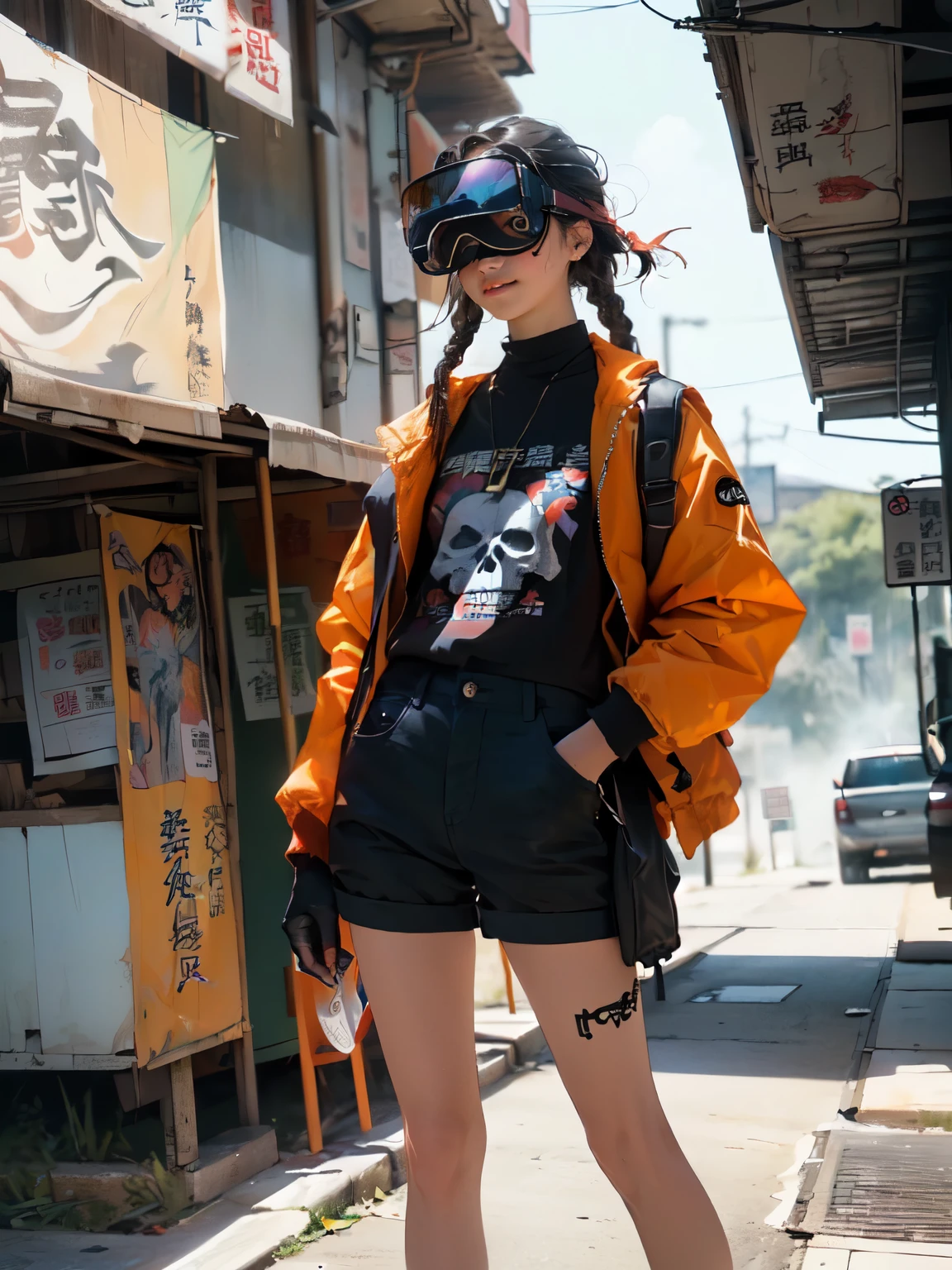 ((Crea una girl 16+ Year old.), (Realist), (masterpiece, 最好of质量), (whole body) (1 one次), (1 girl), (性感of), (one, Number of hits, Dye your hair red) (White Armored Cyber Skull), (Black socks+Gloves)).((close up), (standing at full height), (mystery))_((girl), (绿色of:1.5, orange:1.1, 白色of: 1.3, of:1.3))_((girl muy 性感of con rastas), (Tattoo), (赤裸of身体部位), (down jacket: 1.2), (上of夹克., t-shirt, Correa))_((美麗of身材, Half circle 16+ Year),(Realist)), ((Small peach chest, 优雅of身材, Willow Waist, 柔软of臀部)), ((long double braids),(tight braids),(Braided Hair), (Black Hair)), ((red lips)), ((Smile))_((有光澤of皮膚:1.5, 白色of skin, 干净of皮肤: 1.5)), ((性感of), (美丽of ))_((Fractal, Flores, Leaves, FOG, lily, Circle background))_((明暗Compared, Compared, Warm and cold), (Atmospheric Visualization), (最好of质量), (Virtual Reality))_((number, animation style, Cyberpunk), (最好of质量, 4k, high resolution, masterpiece: 1.2)), ((Super detailed)), ((Realist, photoRealist, photoRealist: 1.37))_((柔和清晰of形状, Normal strokes, Pay attention to details))_((high quality, 16K | Ultra HD | Full HD)).