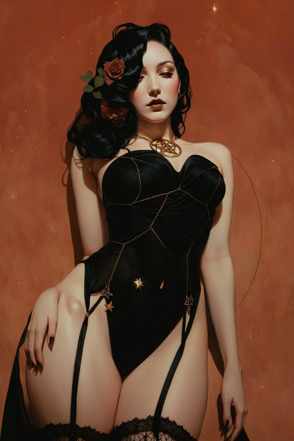 tarot card, chiaroscuro technique on sensual illustration of an queen of pentacle, vintage queen, earthy eerie, matte painting, by Hannah Dale, by Harumi Hironaka, extremely soft colors, hint of gold vibrant, highly detailed, digital artwork, high contrast, dramatic, refined, tonal, highest quality,anatomy correct,ultra-wide-angle,depth of fields. Holding the pentacles