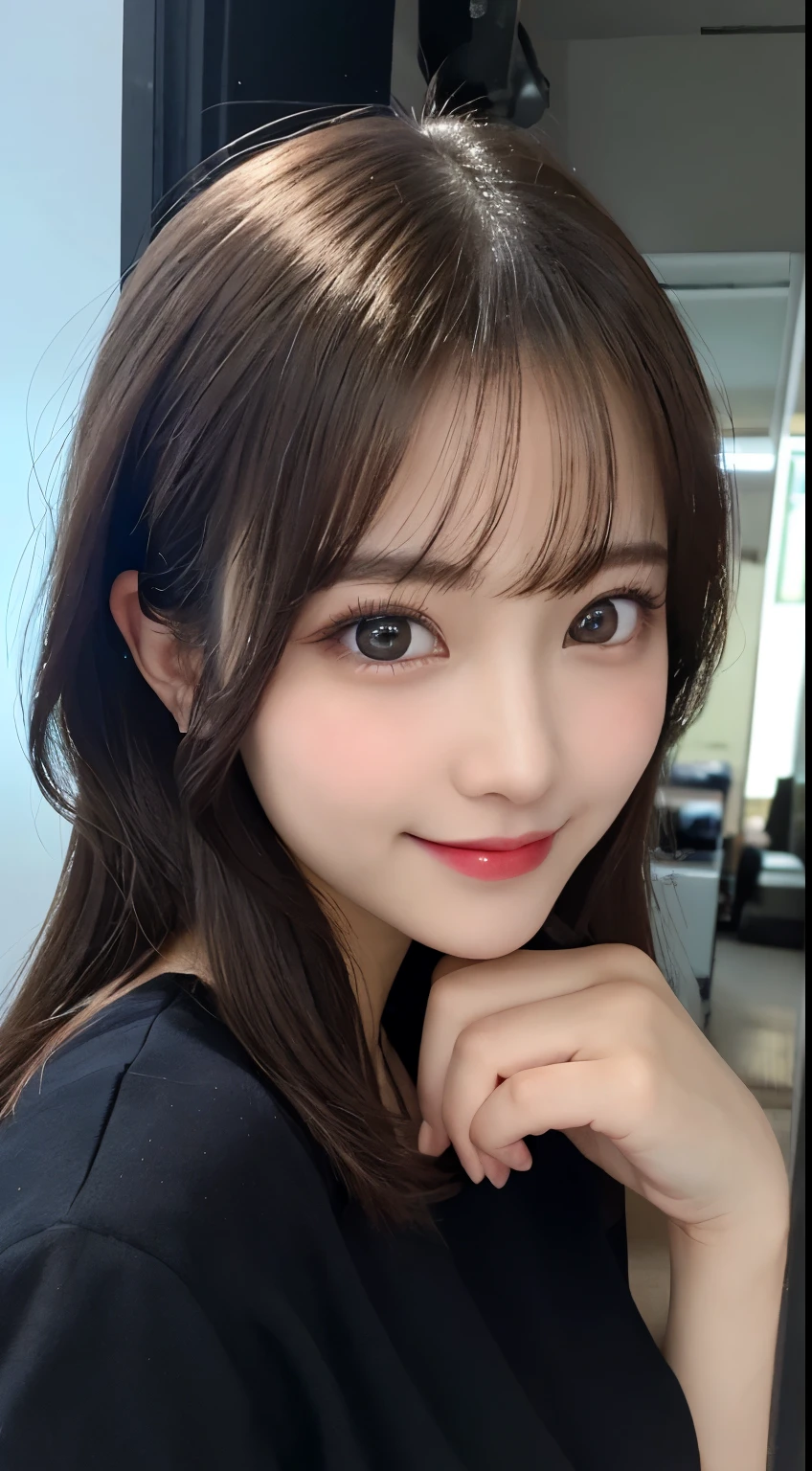 Tabletop, highest quality, shape, Very detailed, finely, High resolution, 8k wallpaper, 完璧なダイナミックな構shape, Beautiful and exquisite,ランダムなcute髪,,Natural color lip, Bold sexy pose,smile、20-year-old girl、cute、Looking into the camera,Always blur the background,Perfect and beautiful face,Slim face and figure,Big eyes、Putting on gal makeup,Small face,Shooting from below、smile,Blurred Background,Elegant feminine face、Cyberpunk Fashion、smile、Make a funny face