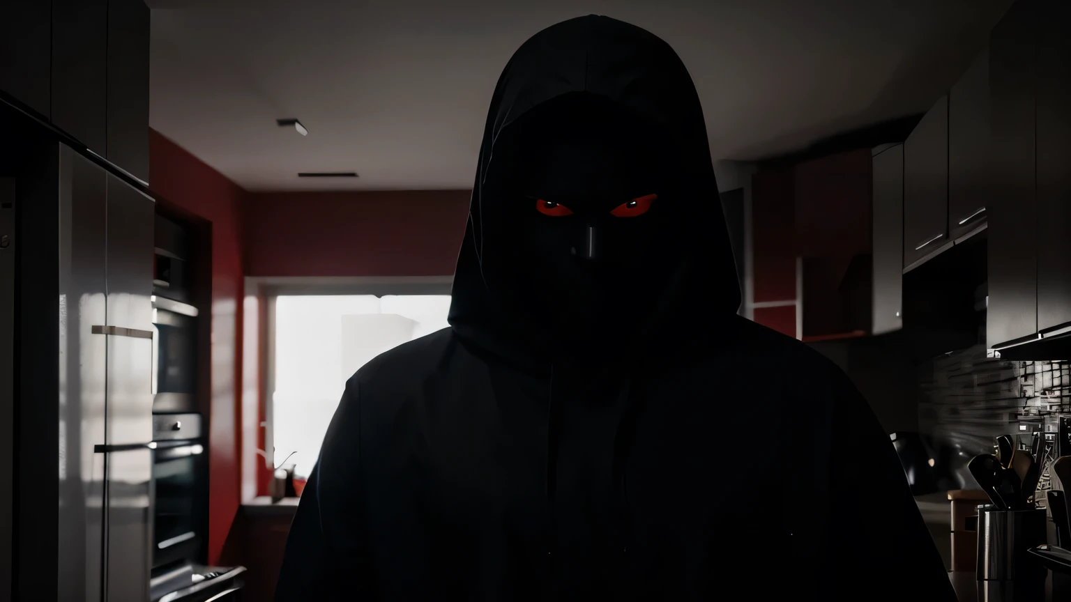 a man with a hood, dark face with red eyes looking at a  in the kitchen at night, 4k, hyper realistic