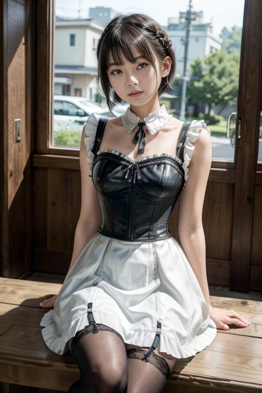 masterpiece, 1 beautiful girl, best quality, 超high resolution, (Reality: 1.4), original photo, movie lighting, Japan, asian beauty, Super beautiful, Beautiful skin, Thin, (超Reality的な), (high resolution), (8K), (Very detailed), (Best Illustration), (beautiful thin eyes), (Super detailed) , Delicate face, Looking at the audience, Direct vision, (Lemon dress,Leather Corset Dress) , short hair, Black Hair, 46 points side bangs, A white church, Neat atmosphere,mini skirt,Garter belt,sit,tiny braids,Braids on both sides of the face,Black over-the-knee stockings