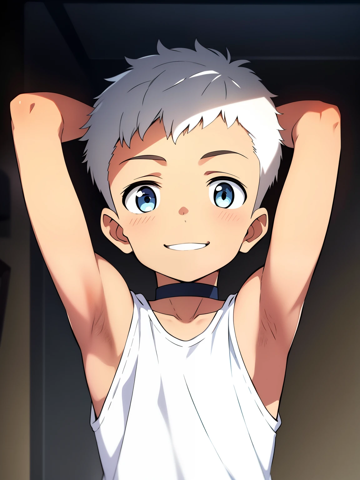 Highres, Masterpiece, Best quality at best,Best Quality,hight quality, hight detailed, 1boy, Shota, Solo, Cute boy, White hair, Blue eye, Torso, Tank top, Smile, Choker, Seen from the front, (Very young boy), (Very small and short body), 12-year-old boys, (Showing armpit:1.3), Simple beckground