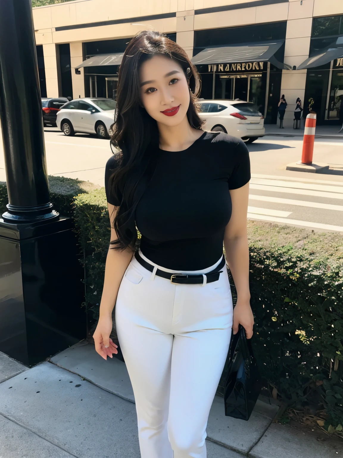 Draw lips correctly, Red lipstick, From the chest up, best quality, Ultra Detailed, lifelike, Super delicate skin, perfect anatomy (Solitary),casual pants,Short sleeve,Black belt,Long wavy hair,37-year-old female,Mature,Charming smile,At the mall,Standing,Leg length,Chubby,Big breasts,stand up,full-body shot