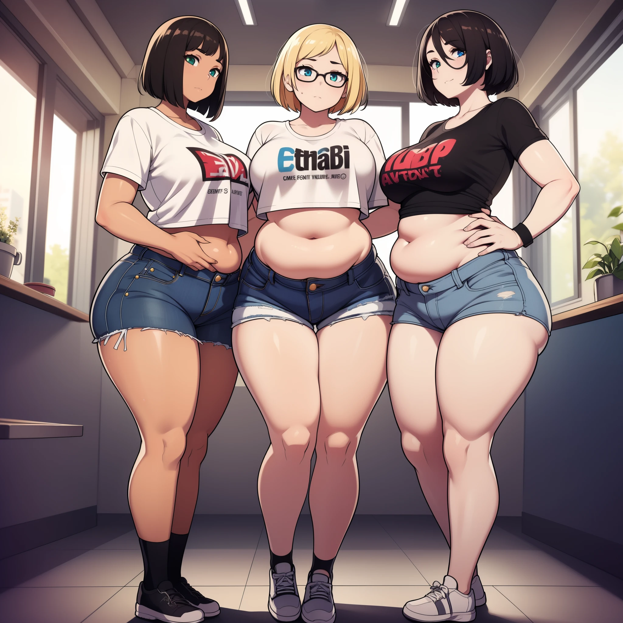 ((highres)), Masterpiece, high quality, best quality, beautiful, perfect lighting, detailed face, ultra cute face, (((3girls))), one girl has blonde hair, blue eyes, crop top and shorts skindentation, one girl has brown hair, green eyes, jeans, white shirt, tight clothes, one girl has, Short black hair, brown eyes, crop top and shorts full body, fast food restaurant, medium , ((wide hips)), ((thick thighs)), ((plump)), chubby belly, fat folds, belly hang, standing, touching each other,