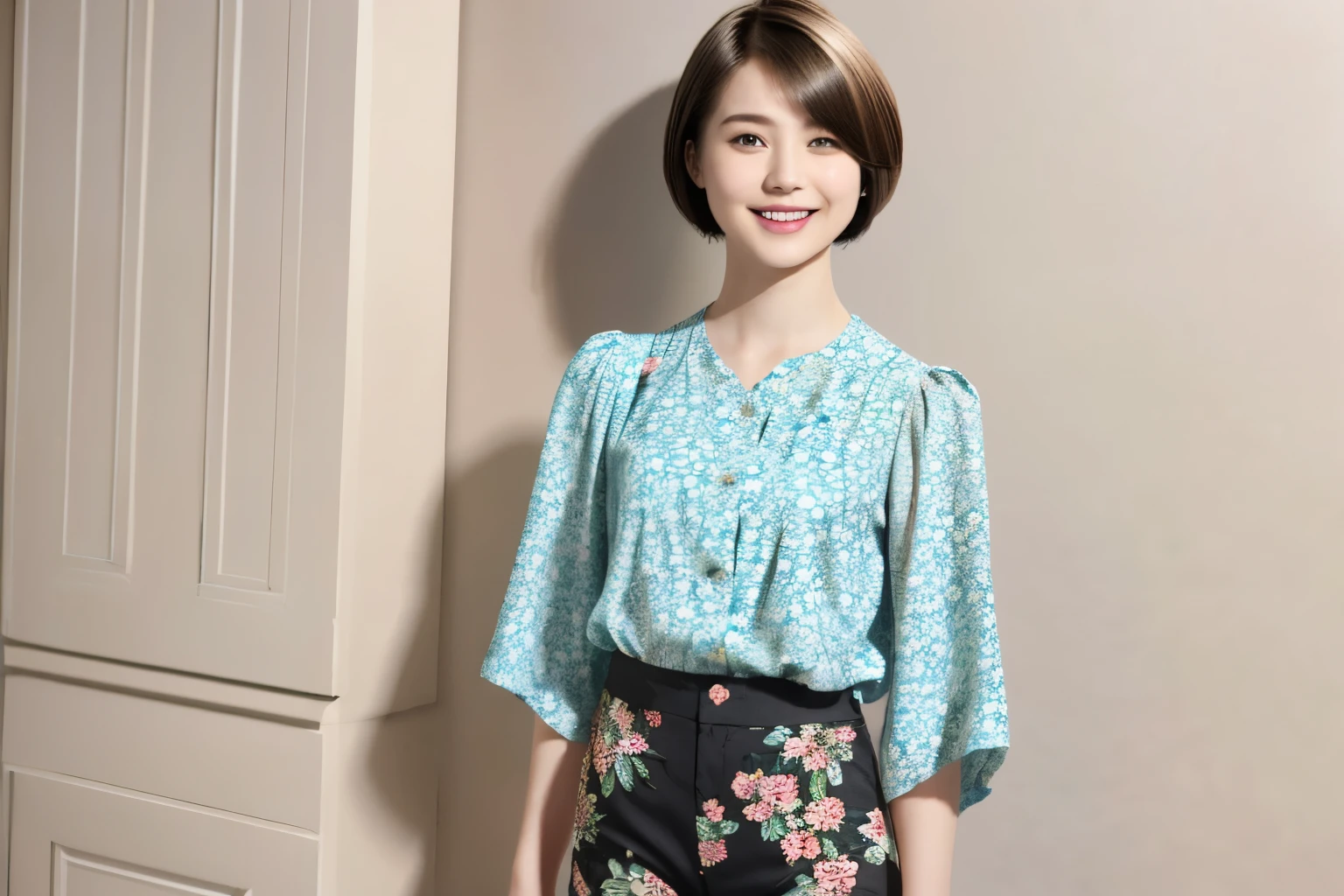 230 (18-year-old female,Floral clothes),  ((short hair:1.46)),  (Pants Style), (A kind smile)