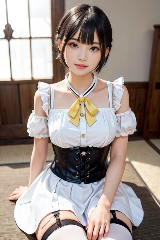 Beautiful Japanese 18 year old woman, wearing snow white cosplay, blue silk corset, red silk cape, yellow silk pleated skater skirt, , black bob hair, red hairband,  large breasts, , masterpiece, photorealistic, amazing detailed face