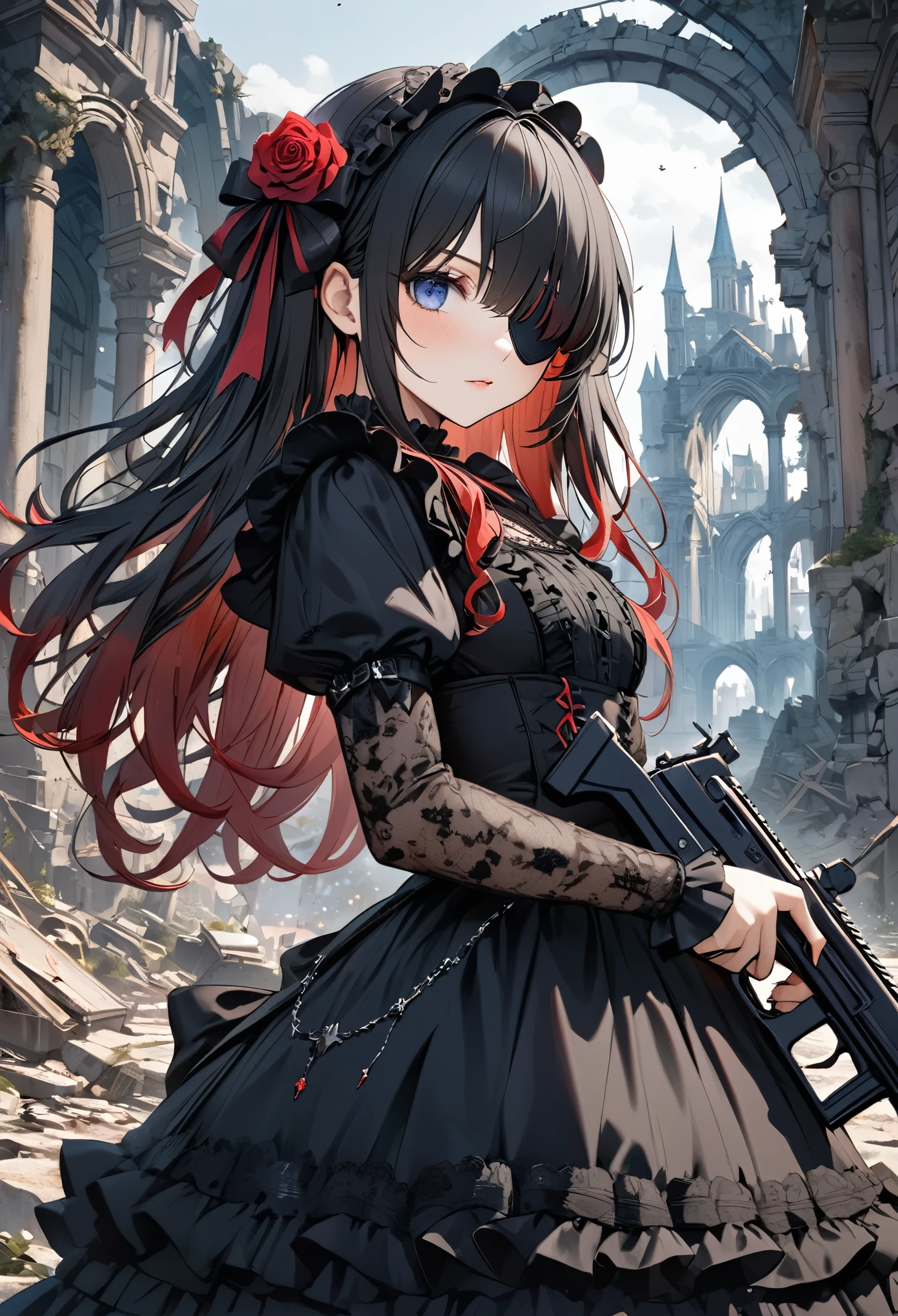 (8K, best quality, master piece: 1.2), super high resolution,1 girl,,ultra-detailed face, detailed eyes,（black hair, red streaked hair),Long Hair,rose eyepatch,Black gothic lolita dress with ruffle lace and ribbon,holding a gun,Fantasy World,ruins