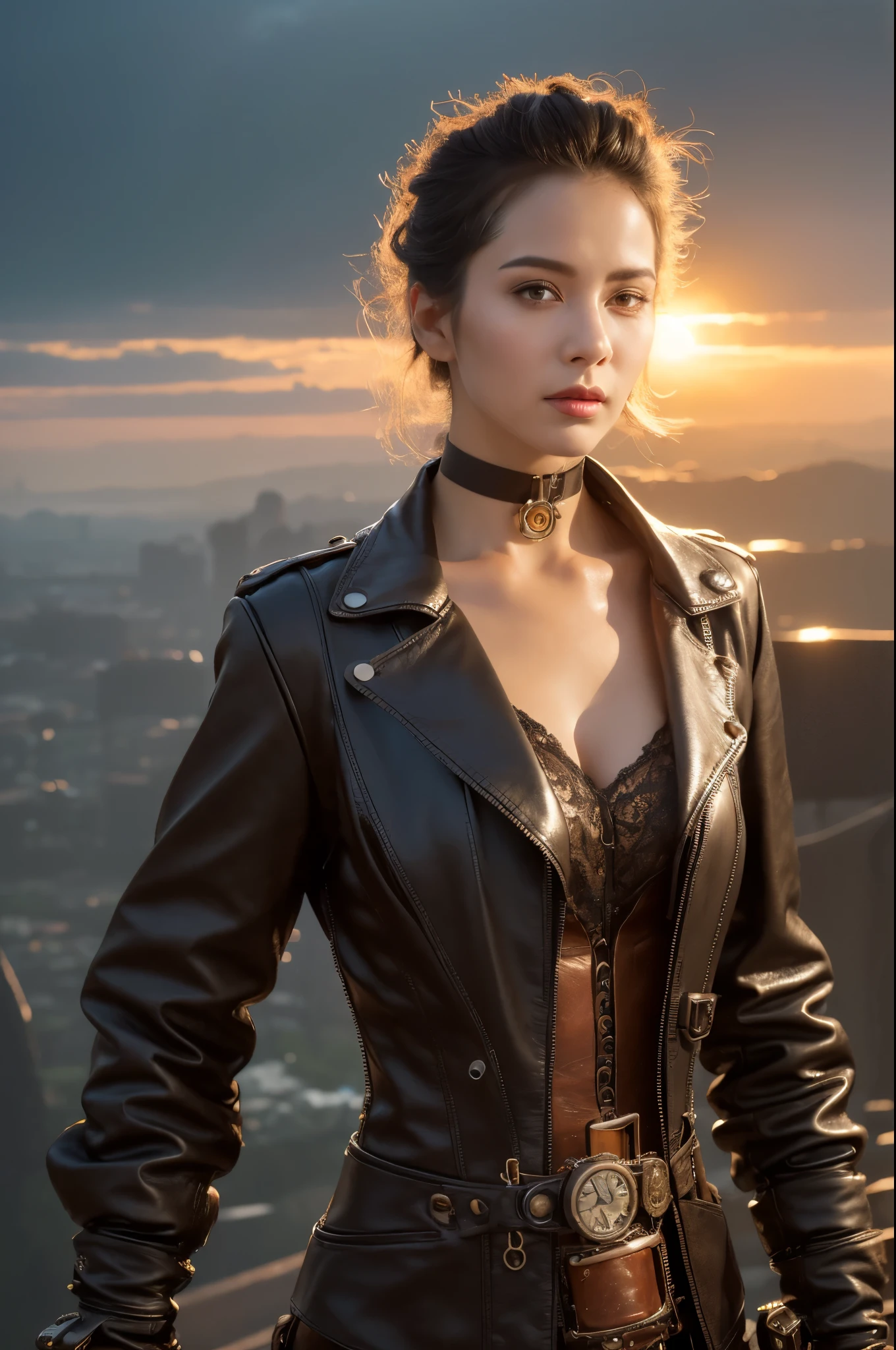 (a detailed portrait RAW photo of a gorgeous beautiful ((Finnish)) , realistic, solo, front view,POV,looking in camera, flirting with the camera, (masterpiece),(photorealistic:1.3), nfsw, ultra-detailed, (high detailed skin:1.2),(best quality:1.0), (ultra highres:1.0),(by samdoesart, by Antonio J. Manzanedo), fit, back light, GOLDEN HOUR, , choker, slim, choker, beautiful, Wearing a stylish leather jacket with intricate gears and goggles, Hair styled in a voluminous updo with gears and cogs as accessories, Accessorized with leather gloves and a utility belt with various gadgets, Posing with one foot on the edge of an airship, looking off into the distance, Captured from an above view angle, The scene set in a steampunk-inspired sky filled with floating islands and mechanical contraptions.Best quality, 4k, Masterpiece :1.3), pretty woman, 1girl, (breasts, attractive body :1.2), abs :1.1, dark brown hair: 1.1, (rainy wet, wet from rain, wet body :1.2), ultra-detailed face, detailed lips, detailed eyes, double eyelid
