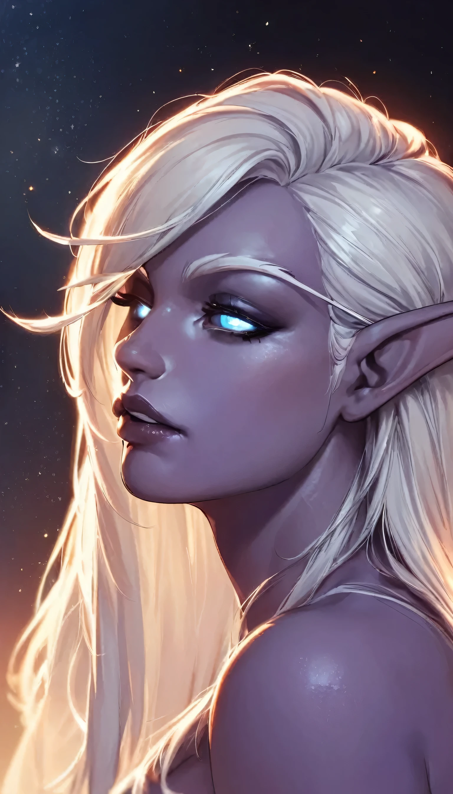 Score_9, score_8_up, score_7_up, night elf, world of warcraft, purple skin, blue skin, priest, dramatic lighting, dark environment, head slightly turned to one side, face in 3/4, white hair