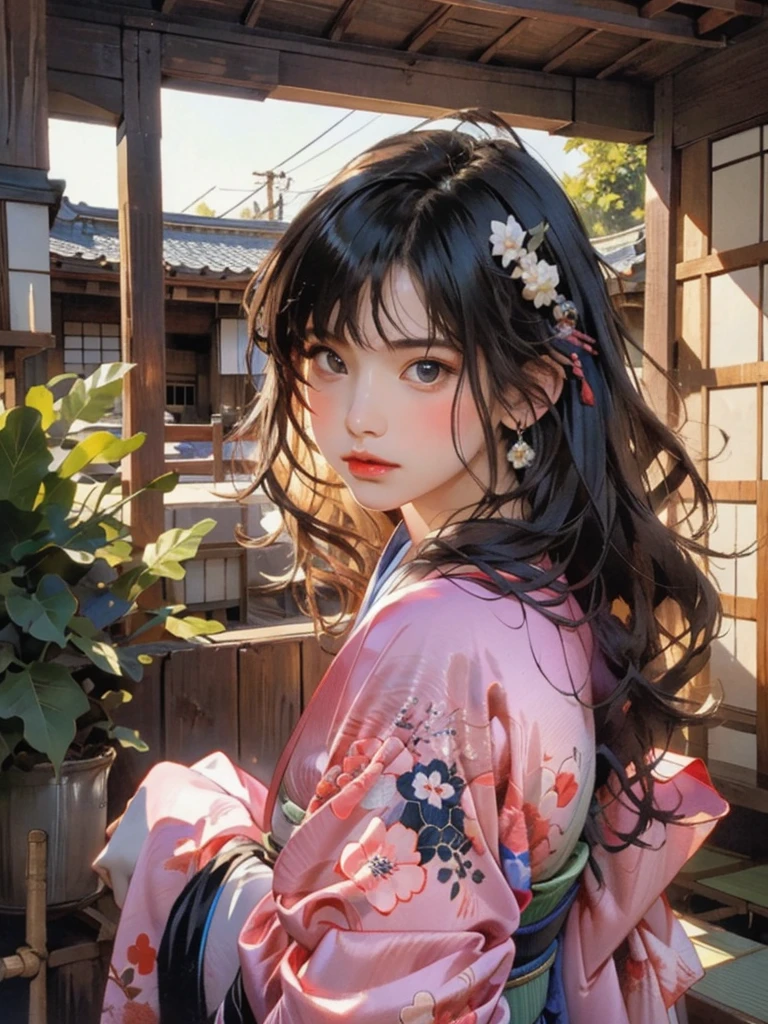 (highest quality、8k、32k、masterpiece)、(masterpiece, up to date,Exceptional:1.2), Anime, One girl,Front hair,black_hair, Beautiful 8k eyes,Looking_in_Audience,One person in,Are standing,((Very beautiful woman, Fuller lips, Japanese pintern kimono))、((Colorful Japanese kimono)))、(((Medium Shot)))、Blunt bung、(High resolution)、Very beautiful face and eyes、1 girl 、Round and small face、Narrow waist、delicine body、(highest quality high detail Rich skin details)、(highest quality、8k、Oil paints:1.2)、Very detailed、(Realistic、Realistic:1.37)、Bright colors、(((blackhair)))、(((longhair)))、(((cowboy pictures)))、((( Inside an old Japanese house)))、(masterpiece, highest quality, highest quality, Official Art, beautifully、aesthetic:1.2), (One girl), Very detailedな,(Fractal Art:1.3),colorful,Most detailed,Sengoku period(High resolution)、Very beautiful face and eyes、1 girl 、Round and small face、Tight waist、Delicine body、(highest quality high detail Rich skin details)、(highest quality、8k、Oil paints:1.2)、(Realistic、Realistic:1.37)、Greg Rutkowski Written by Alphonse Mucha Ropp, sun lips