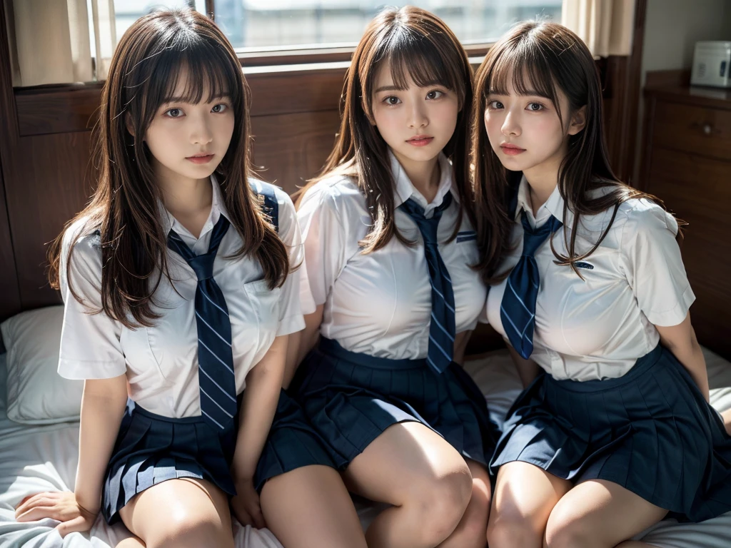 (RAW photo, 4k, masterpiece, high resolution, extremely complex) (realistic: 1.4), cinematic lighting
((2 girls, 2 schoolgirls)),Slam Dunk's,blushing,((innocent)),bright eyes,round eyes,blunt bangs,(straight hair:1.3),black hair,large breasts,wide hips,Summer Noon, ,Hot, (Best Quality), (Highres), (an Extremely Delicate and Beautiful),(Beautiful 8k face),(Brown eyes),short bob hair,( spectators),(gigantic breasts),(Play with each other,Touching each other's bodies,Touching the body),(Japanese high school uniform:1.3),blue skirt,(reality),bright lighting,(The background is a luxury hotel room)