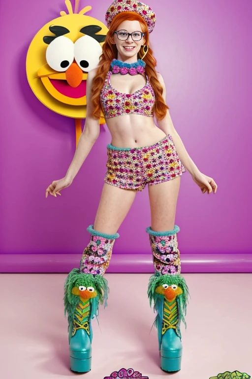 from below, gingergirl,pale skin full of freckles, glasses, muppet face bag, blue boots with a  heel, full lenght view, heavy boots, platform boots, massive boots, kneehigh boots, full length view, full height view, flower power, killer boots, 1990s flower power hippy, outfit inspired by Muppets bikini outfit,pop art, sesame street, sesame street muppets, gonzo, the muppets, muppet show, totally gonzo, leaked image, 

