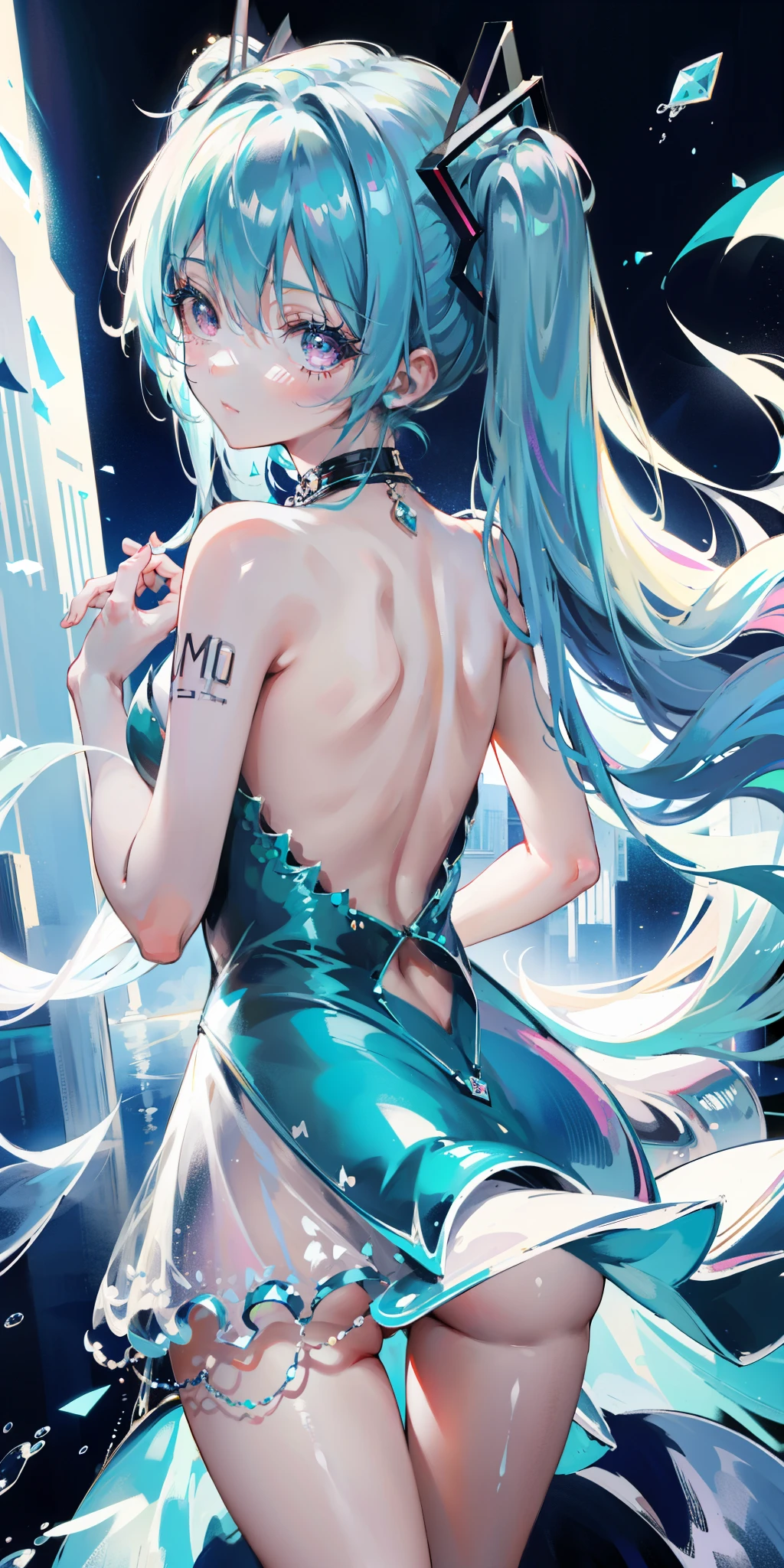 blue theme, Hatsune Miku portrait，masterpiece, magic , (Impossible Dress:1.5), mini skirt, Gradient background, Silver-blue hair, , Bangs,Side Chain, pink eyes, (ulzang-6500-v1.1:0.9), 中等Chest, Chest, Thigh gap, Hair accessories, arching back, Black_witch_have,complicated_decorate,mystery_fountain,luminescent_crystal