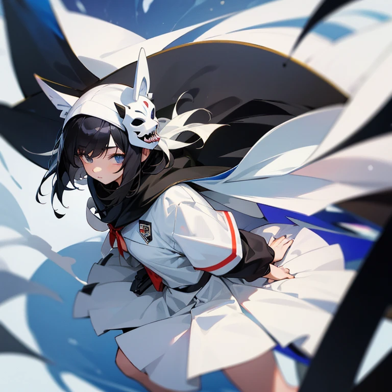 16 year old girl, black hair, white mask, skirt, 