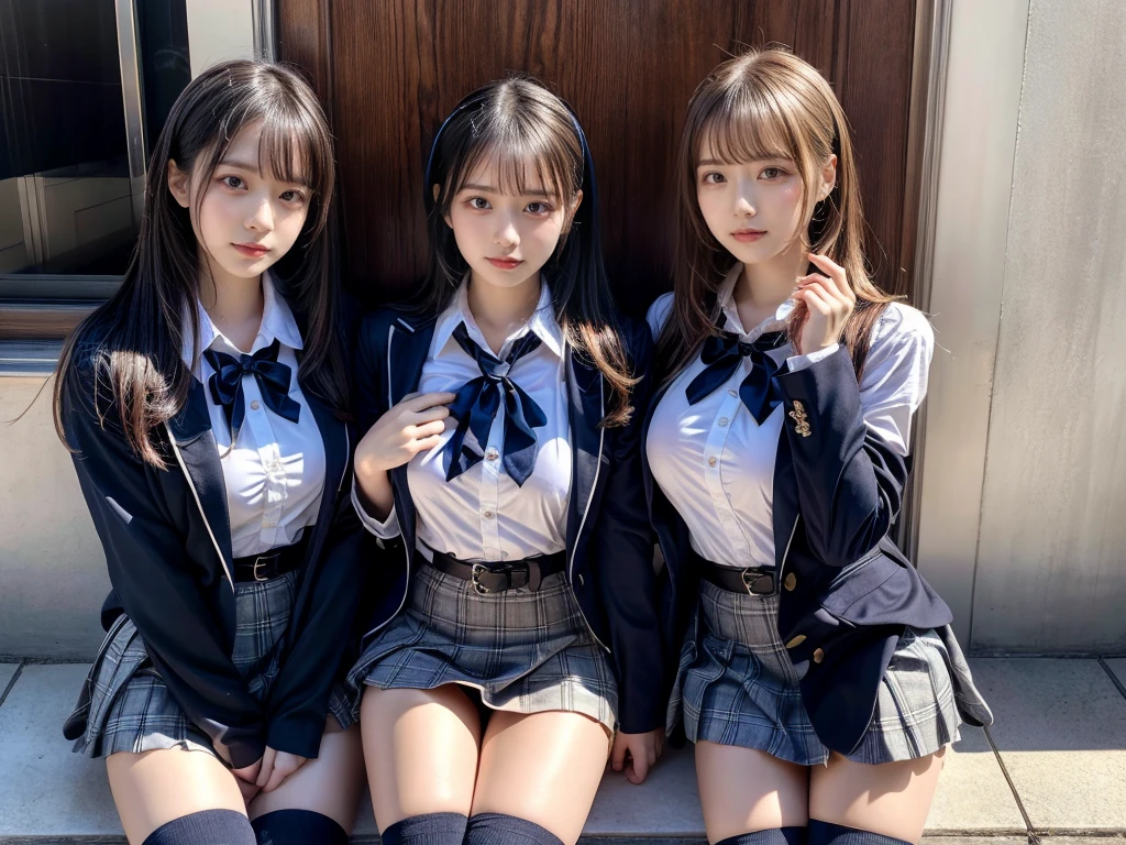 (8K, Raw photography, top-quality, masterpiece:1.2), master piece, best quality, illustration, Super detailed, fine details, High resolution, 8K,wall paper, perfect dynamic composition,(Details High quality, realistic depiction of eyes:1.3), ((2 girls, 2 schoolgirls)), The background is a luxury hotel room、High school girl uniform、blazer 、Super Short Check Uniform Skirt、Navy blue high socks、garterbelts、Colossal tits、Disturbed uniform, Play with each other,Touching each other's bodies,Touching the body of the girl next door, short bob hair, black hair color, huge breasts, Big Natural Color Lip, bold sexy pose, (perfect body shape), crying a little、cold gaze, Beautiful makeup,glitter makeup,Cutest 18 years old, beautiful legs, hposing Gravure Idol, Voluptuous thighs