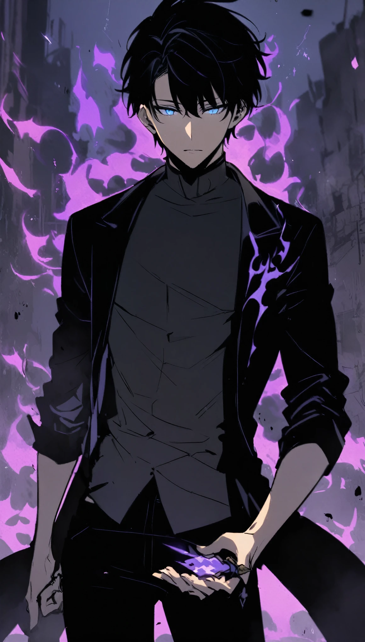 good looking, alone, male, short hair,, Black Hair, Blue eyes, Black Shirt, Black Pants, Black Coat, Purple Flame,Holding a dagger in his hand