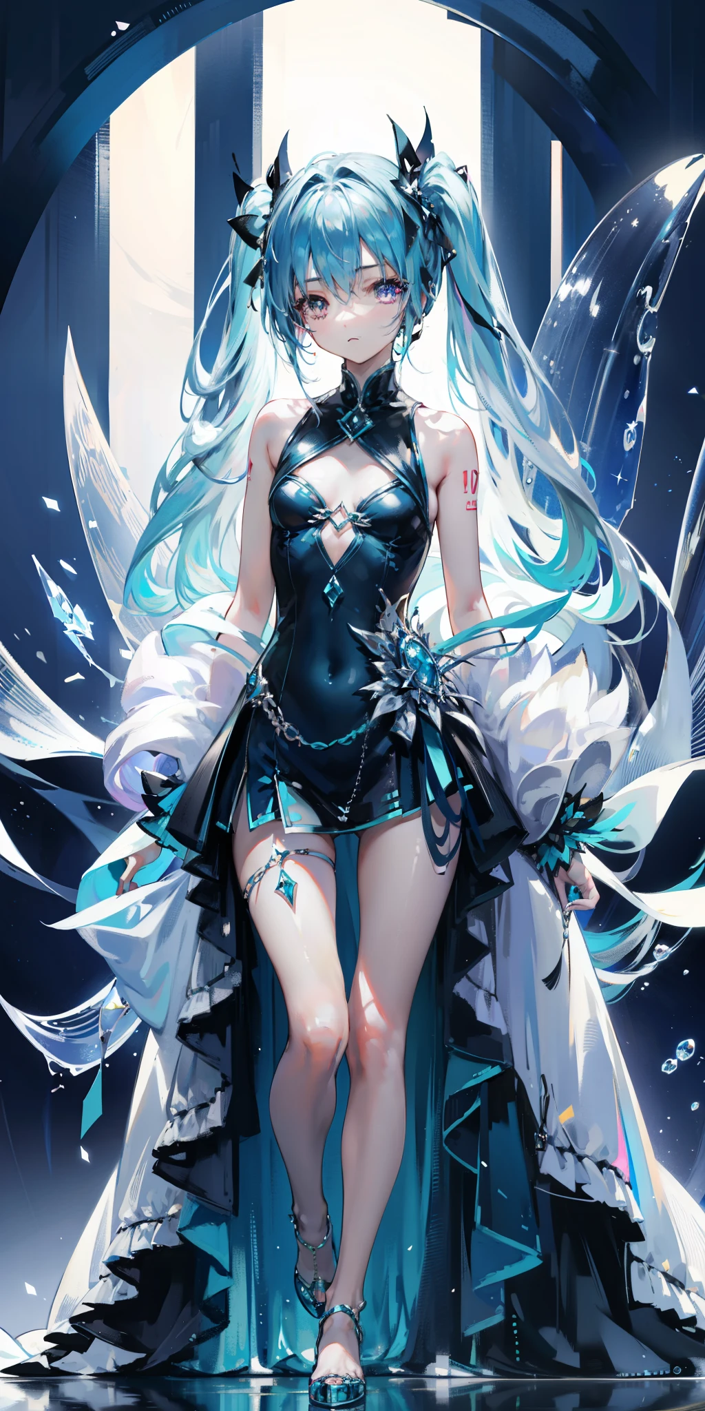 blue theme, Hatsune Miku portrait，masterpiece, magic , (Impossible Dress:1.5), mini skirt, Gradient background, Silver-blue hair, , Bangs,Side Chain, pink eyes, (ulzang-6500-v1.1:0.9), 中等Chest, Chest, Thigh gap, Hair accessories, arching back, Black_witch_have,complicated_decorate,mystery_fountain,luminescent_crystal