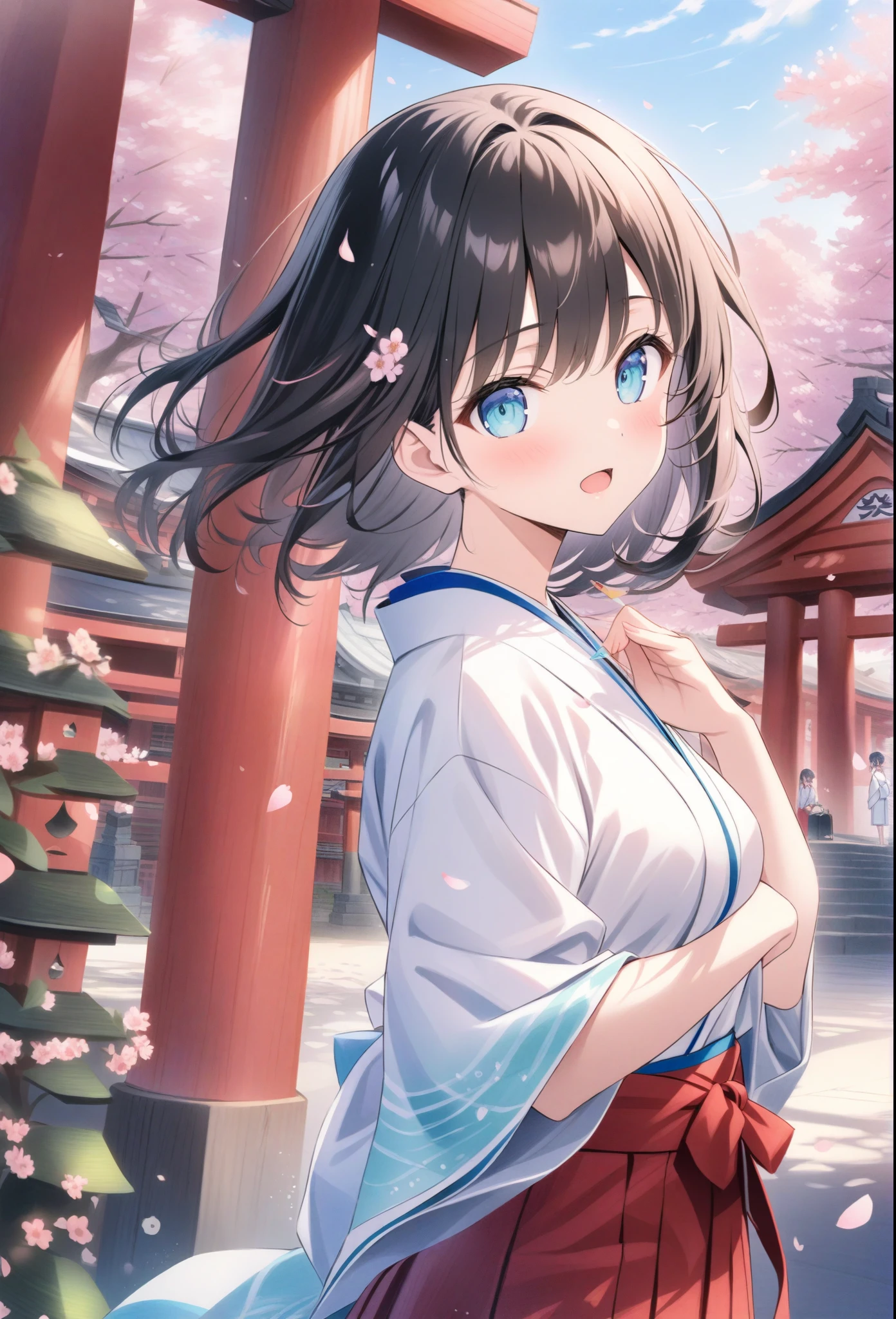 ((style:colored pencil,Pale colors)),(masterpiece:1.2),(anime),A shrine surrounded by cherry blossoms、torii、Shrine maiden、cute、summer、Asahi、(SakuraFubuki)、((White kimono、Red Hakama))、Black Hair