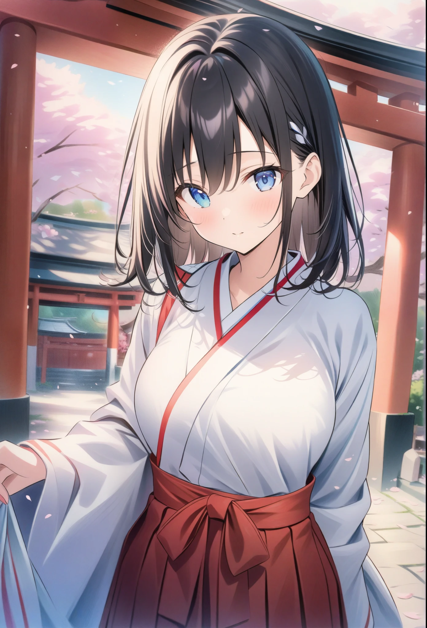 ((style:colored pencil,Pale colors)),(masterpiece:1.2),(anime),A shrine surrounded by cherry blossoms、torii、Shrine maiden、cute、summer、Asahi、SakuraFubuki、White kimono、Red Hakama、Black Hair