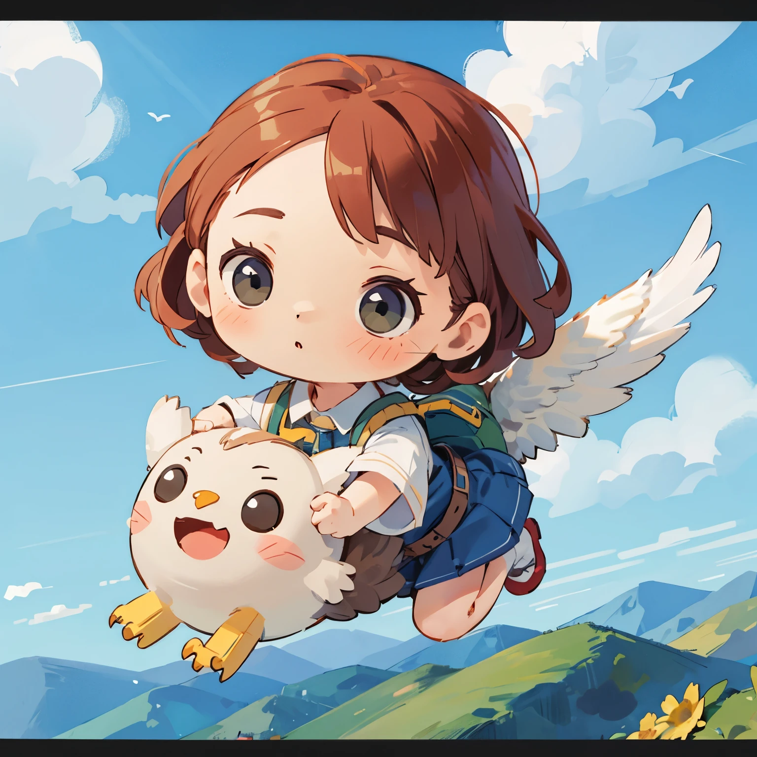 Photorealistic、Chibi Girl Doll（A  flying through the sky on the back of an eagle）