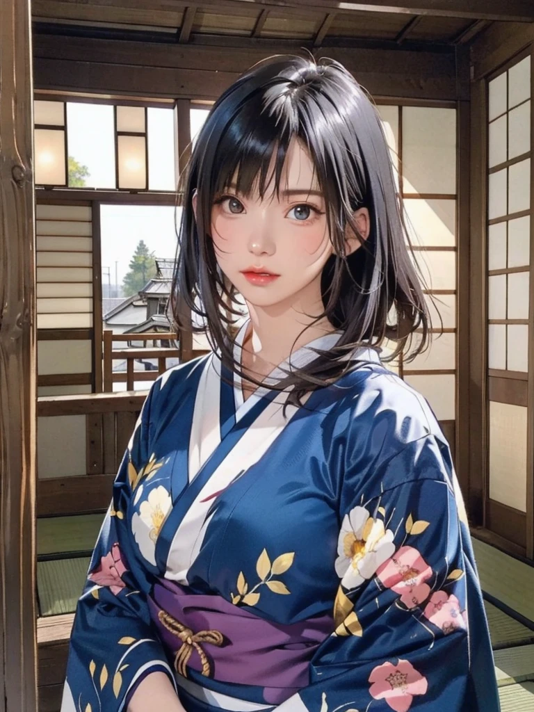 (highest quality、8k、32k、masterpiece)、(masterpiece, up to date,Exceptional:1.2), Anime, One girl,Front hair,black_hair, Beautiful 8k eyes,Looking_in_Audience,One person in,Are standing,((Very beautiful woman, Fuller lips, Japanese pintern kimono))、((Colorful Japanese kimono)))、(((Medium Shot)))、Blunt bung、(High resolution)、Very beautiful face and eyes、1 girl 、Round and small face、Narrow waist、delicine body、(highest quality high detail Rich skin details)、(highest quality、8k、Oil paints:1.2)、Very detailed、(Realistic、Realistic:1.37)、Bright colors、(((blackhair)))、(((longhair)))、(((cowboy pictures)))、((( Inside an old Japanese house)))、(masterpiece, highest quality, highest quality, Official Art, beautifully、aesthetic:1.2), (One girl), Very detailedな,(Fractal Art:1.3),colorful,Most detailed,Sengoku period(High resolution)、Very beautiful face and eyes、1 girl 、Round and small face、Tight waist、Delicine body、(highest quality high detail Rich skin details)、(highest quality、8k、Oil paints:1.2)、(Realistic、Realistic:1.37)、Greg Rutkowski Written by Alphonse Mucha Ropp, sun lips