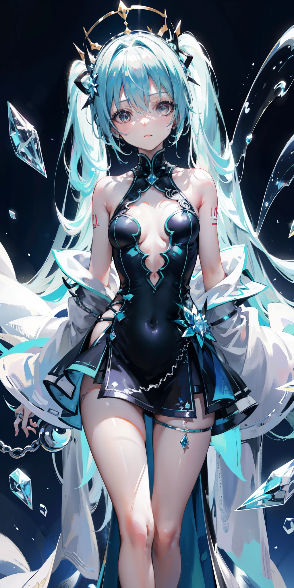 blue theme, Hatsune Miku portrait,masterpiece, magic , (Impossible Dress:1.5), mini skirt, Gradient background, Silver-blue hair, , Bangs,Side Chain, pink eyes, (ulzang-6500-v1.1:0.9), 中等Chest, Chest, Thigh gap, Hair accessories, arching back, Black_witch_have,complicated_decorate,mystery_fountain,luminescent_crystal