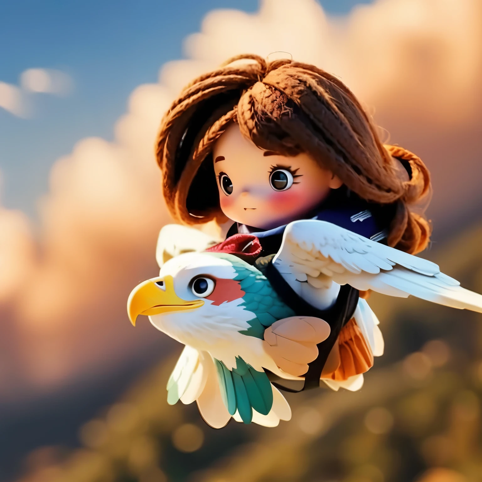 Photorealistic、Chibi Girl Doll(A flying through the sky on the back of an eagle)
