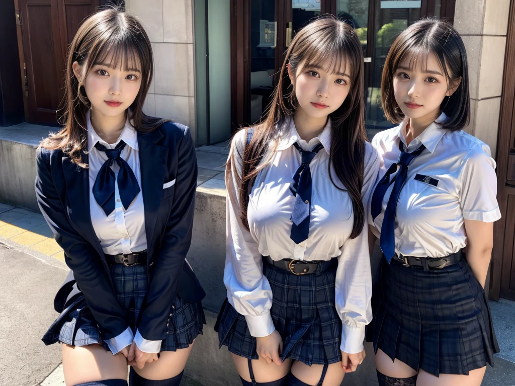 (8K, Raw photography, top-quality, ​masterpiece:1.2), master piece, best quality, illustration, Super detailed, fine details, High resolution, 8K,wall paper, perfect dynamic composition,(Details High quality, realistic depiction of eyes:1.3), ((2 girls, 2 schoolgirls)), The background is a luxury hotel room、High school girl uniform、blazer 、Super Short Check Uniform Skirt、Navy blue high socks、garterbelts、Colossal tits、Disturbed uniform, Play with each other,Touching each other's bodies,Touching the body of the girl next door, short bob hair, black hair color, huge breasts, Big Natural Color Lip, bold sexy pose, (perfect body shape), crying a little、cold gaze,  Beautiful makeup,glitter makeup,Cutest 18 years old, beautiful legs, hposing Gravure Idol, Voluptuous thighs