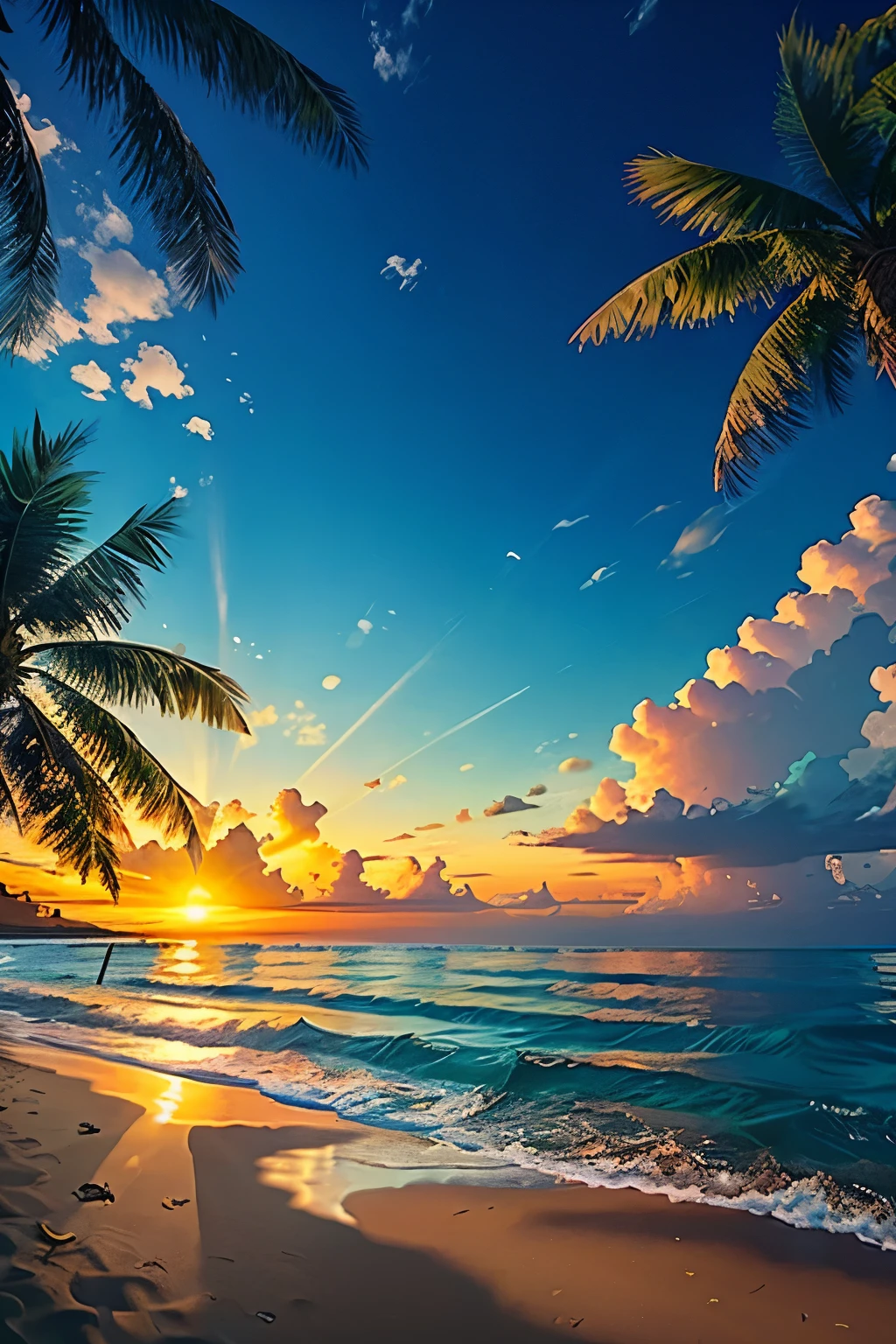Realistic, hyper-realistic rendering in Unreal Engine 5.2, aspect ratio 16:9. Embrace a picturesque beach at sunrise, where the horizon pulses with the vibrant hues of dawn. Waves, frothy and resplendent, crash against the shore, their white crests illuminating the pebbles below. The beach is framed by towering coconut palms, their leaves swaying gently in the early morning breeze. The entire scene is lit by the golden rays of the sun, casting long, dramatic shadows that stretch across the sand.
In the distance, a clear blue sky gradually gives way to a serene ocean, dotted with the