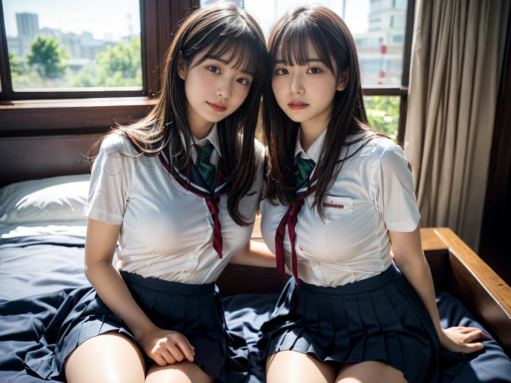 (RAW photo, 4k, masterpiece, high resolution, extremely complex) (realistic: 1.4), cinematic lighting
((2 girls, 2 schoolgirls)),Slam Dunk's,blushing,((innocent)),bright eyes,round eyes,blunt bangs,(straight hair:1.3),black hair,large breasts,wide hips,Summer Noon, ,Hot, (Best Quality), (Highres), (an Extremely Delicate and Beautiful),(Beautiful 8k face),(Brown eyes),short bob hair,( spectators),(gigantic breasts),(Play with each other,Touching each other's bodies,Touching the body),(Japanese high school uniform:1.3),blue skirt,(reality),bright lighting,(The background is a luxury hotel room)