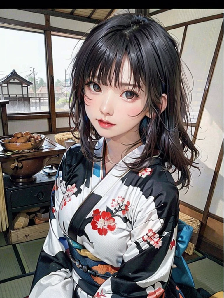 (highest quality、8k、32k、masterpiece)、(masterpiece, up to date,Exceptional:1.2), Anime, One girl,Front hair,black_hair, Beautiful 8k eyes,Looking_in_Audience,One person in,Are standing,((Very beautiful woman, Fuller lips, Japanese pintern kimono))、((Colorful Japanese kimono)))、(((Medium Shot)))、Blunt bung、(High resolution)、Very beautiful face and eyes、1 girl 、Round and small face、Narrow waist、delicine body、(highest quality high detail Rich skin details)、(highest quality、8k、Oil paints:1.2)、Very detailed、(Realistic、Realistic:1.37)、Bright colors、(((blackhair)))、(((longhair)))、(((cowboy pictures)))、((( Inside an old Japanese house)))、(masterpiece, highest quality, highest quality, Official Art, beautifully、aesthetic:1.2), (One girl), Very detailedな,(Fractal Art:1.3),colorful,Most detailed,Sengoku period(High resolution)、Very beautiful face and eyes、1 girl 、Round and small face、Tight waist、Delicine body、(highest quality high detail Rich skin details)、(highest quality、8k、Oil paints:1.2)、(Realistic、Realistic:1.37)、Greg Rutkowski Written by Alphonse Mucha Ropp, sun lips