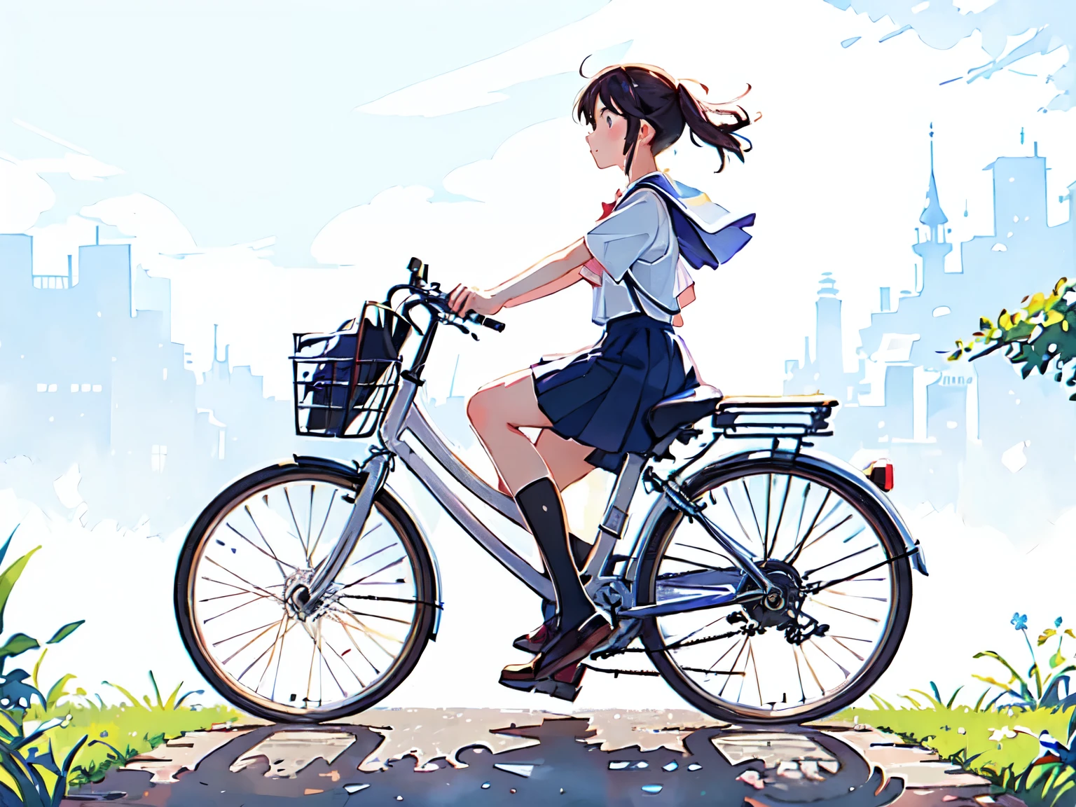 (masterpiece, highest quality:1.2), Reality、(One girl riding a bicycle), alone、high school girl、uniform、(no bags)、(whole)、(From diagonally ahead)、(Blank background)、(White background)、Watercolor style