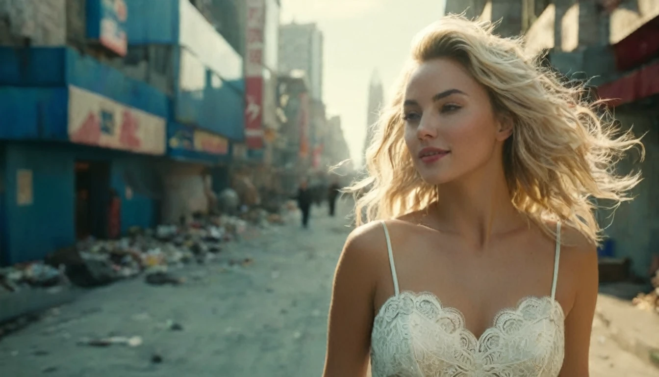 ((high angle camera view from above)) cinematic wide angle full body shot of a short white dressed stylish european long blonde wavy haired woman walks down a street of a cyberpunk megacity at daytime after a nuclear war in a futuristic Dystopian city. Happy smiling face. Blue sky and the sun shines. Ruined skyscrapers in the background.Consistent structure and movement of the character, static 3D environment, consistent structure of the buildings. Both sides of the pedestrian street are very full of garbage, with overturned bins full of waste that have not been emptied for weeks. some people walking in the background. Garbage mounds towers in front of the houses. Filthy dump on the street all around. Dystopian megacity, Chaotic, end of the world atmosphere. Dirt and filth is everywhere. She wears a short two piece white silk lace dress. She has stylish make up and luxury hair style. Highly detailed facial features, full lips, upturned nose, best smile, realistic perfect eyes and face. Photorealistic body and face, highly detailed shiny hair and skin. She walks confidently and casually. Sharp focus, depth of field, lifelike textures, best shadows, best quality. Realism, photorealism, hyperrealism, vintage muted color tones, lomochrome, natural lights, cinematic lighting, contrast lighting, best quality, insanely intricate details, hdr, uhd 8k, 35 mm film, analog,((1970s movie style)), retro, vintage color grading,Award - winning photograph, Masterpiece, 16k,hyper detailed,sfumato, chiaroscuro, beautiful woman, perfect face, rule of thirds, highly detailed hair, ((detailed face)), ((detailed facial features)), (finely detailed skin), pale skin, intricate details, amazing fine detail, neutral colors, Soft front light,cinematic lighting, dramatic lighting,dappled light on face, backlight on hair, sharp focus, wide angle, film grain, dslr, raw photo, photographed on Nikon
