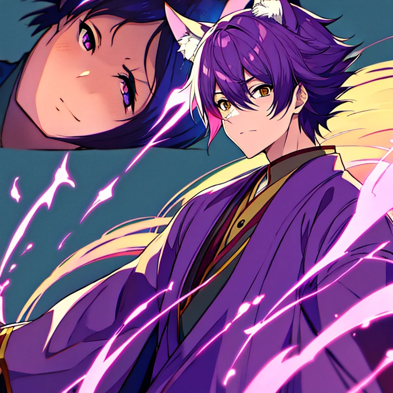 anime boy wearing kitsune mask, purple shirt, purple hair