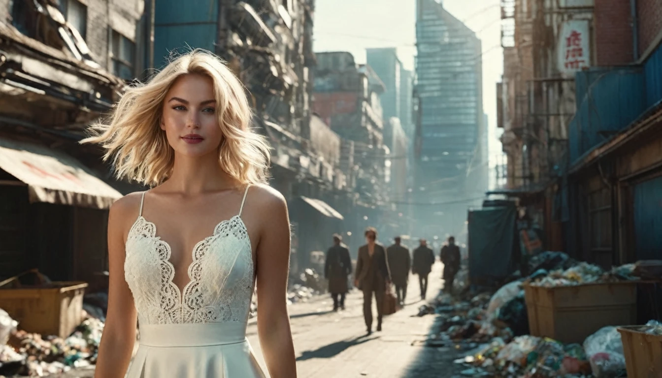 ((high angle camera view from above)) cinematic wide angle full body shot of a short white dressed stylish european long blonde wavy haired woman walks down a street of a cyberpunk megacity at daytime after a nuclear war in a futuristic Dystopian city. Happy smiling face. Blue sky and the sun shines. Ruined skyscrapers in the background.Consistent structure and movement of the character, static 3D environment, consistent structure of the buildings. Both sides of the pedestrian street are very full of garbage, with overturned bins full of waste that have not been emptied for weeks. some people walking in the background. Garbage mounds towers in front of the houses. Filthy dump on the street all around. Dystopian megacity, Chaotic, end of the world atmosphere. Dirt and filth is everywhere. She wears a short two piece white silk lace dress. She has stylish make up and luxury hair style. Highly detailed facial features, full lips, upturned nose, best smile, realistic perfect eyes and face. Photorealistic body and face, highly detailed shiny hair and skin. She walks confidently and casually. Sharp focus, depth of field, lifelike textures, best shadows, best quality. Realism, photorealism, hyperrealism, vintage muted color tones, lomochrome, natural lights, cinematic lighting, contrast lighting, best quality, insanely intricate details, hdr, uhd 8k, 35 mm film, analog,((1970s movie style)), retro, vintage color grading,Award - winning photograph, Masterpiece, 16k,hyper detailed,sfumato, chiaroscuro, beautiful woman, perfect face, rule of thirds, highly detailed hair, ((detailed face)), ((detailed facial features)), (finely detailed skin), pale skin, intricate details, amazing fine detail, neutral colors, Soft front light,cinematic lighting, dramatic lighting,dappled light on face, backlight on hair, sharp focus, wide angle, film grain, dslr, raw photo, photographed on Nikon