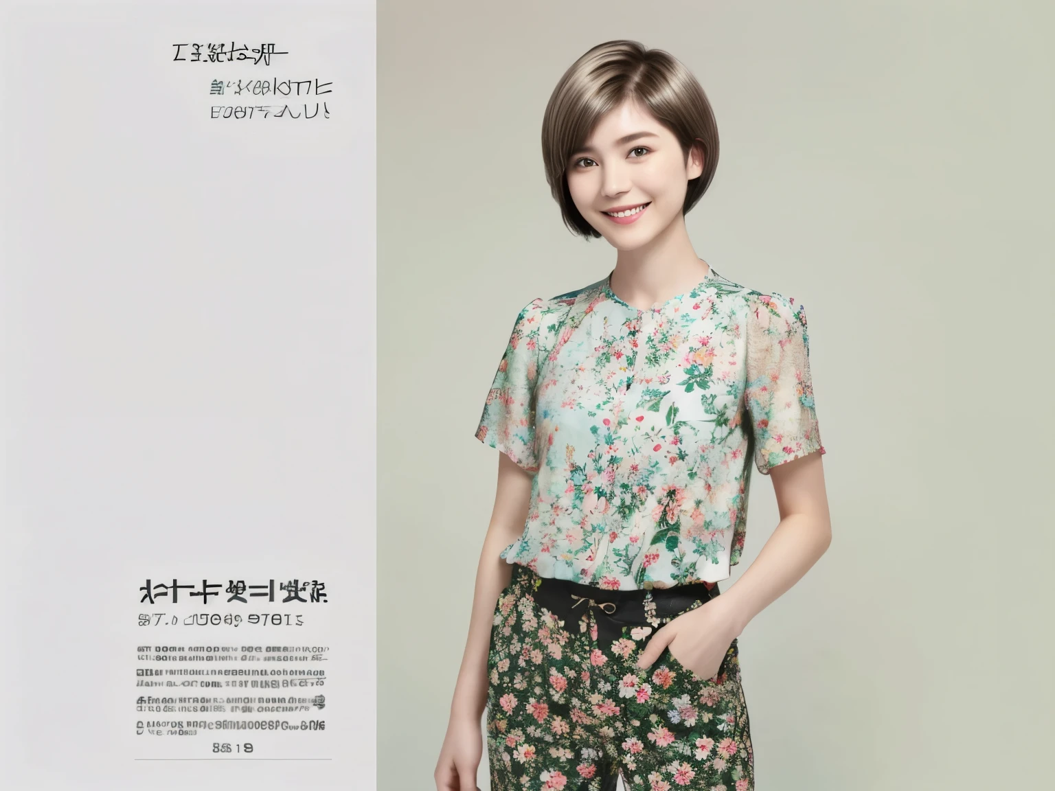 230 (18-year-old female,Floral clothes),  ((short hair:1.46)),  (Pants Style), (A kind smile)