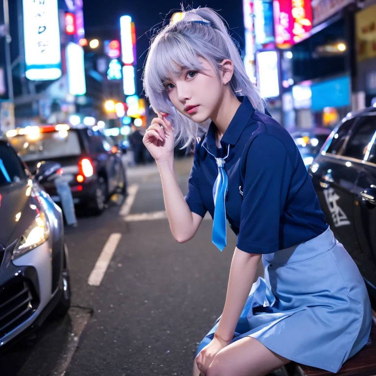 (8K, original photo, masterpiece:1.3), (Practical, photo-Practical:1.37), (night), (looking at the audience:1.331), (white hair), Strike a pose, Tokyo Street, nightcityscape, Cyberpunk City, Soft Light, 1 Girl, extremely beautiful face, Mid-chest，Break, Hands down, Random hairstyle, random expression, big eyes, Lower abdomen, (Short sleeve .JK_shirt), JK_style, (Dark blue JK_skirt), (bowJK_tie), Mix 4., best quality